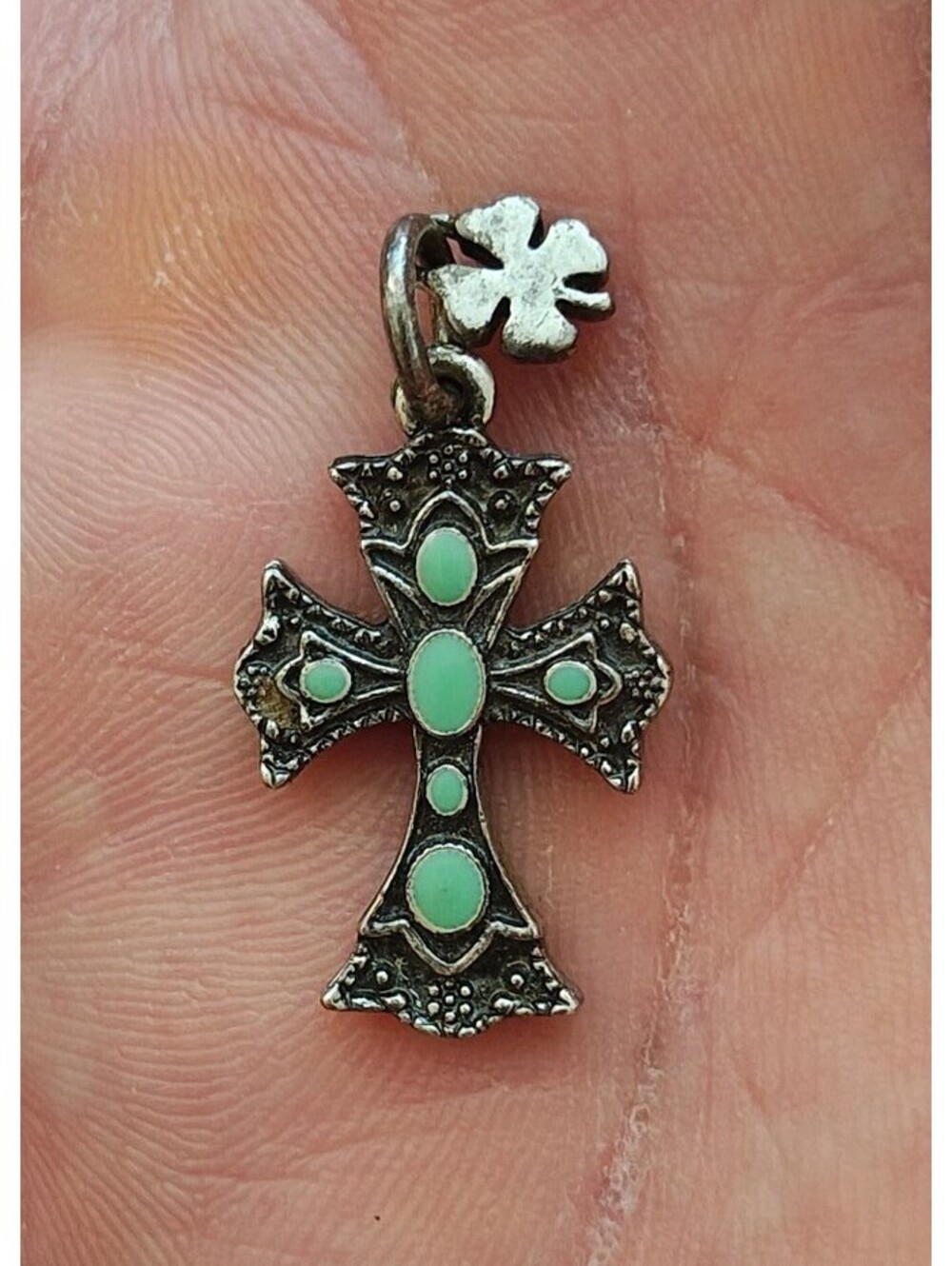 1990s Lucky Brand Antiqued Silver With Faux Turquoise Southwestern Cross Pendant